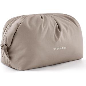 BAGSMART Makeup Bag Travel Toiletry Bag, Cute Make Up Bag, Large Capacity Cosmetic Bags for Women, Wide-open Makeup Pouch Travel Essentials Toiletries Accessories Brushes (Pink)(Camel)