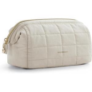 BAGSMART Makeup Bag Travel Toiletry Bag, Puffy Padded Make Up Bags for Women Makeup Organizer Case, Wide-open Pouch Purse Travel Essentials Toiletries Accessories Brushes, Pink(03-Beige)