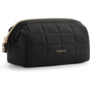 BAGSMART Makeup Bag Travel Toiletry Bag, Puffy Padded Make Up Bags for Women Makeup Organizer Case, Wide-open Pouch Purse Travel Essentials Toiletries Accessories Brushes, Pink(02-Black)