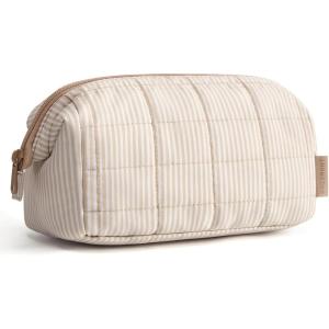 BAGSMART Makeup Bag Travel Toiletry Bag, Puffy Padded Make Up Bags for Women Makeup Organizer Case, Wide-open Pouch Purse Travel Essentials Toiletries Accessories Brushes, Pink(21-Strip Khaki Brown)