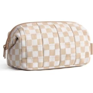 BAGSMART Makeup Bag Travel Toiletry Bag, Puffy Padded Make Up Bags for Women Makeup Organizer Case, Wide-open Pouch Purse Travel Essentials Toiletries Accessories Brushes, Pink(20-Checkered Khaki)