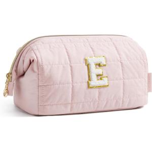 BAGSMART Makeup Bag Travel Toiletry Bag, Puffy Padded Make Up Bags for Women Makeup Organizer Case, Wide-open Pouch Purse Travel Essentials Toiletries Accessories Brushes, Pink(26-Letter E)