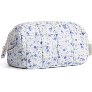 BAGSMART Makeup Bag Travel Toiletry Bag, Puffy Padded Make Up Bags for Women Makeup Organizer Case, Wide-open Pouch Purse Travel Essentials Toiletries Accessories Brushes, Pink(18-Blue Ditsy Floral)