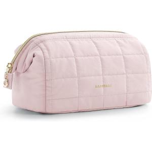 BAGSMART Makeup Bag Travel Toiletry Bag, Puffy Padded Make Up Bags for Women Makeup Organizer Case, Wide-open Pouch Purse Travel Essentials Toiletries Accessories Brushes, Pink(01-Pink)