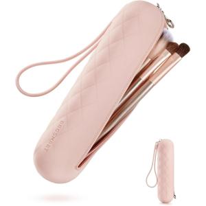 BAGSMART Makeup Brush Holder Bag, Travel Small Makeup Bag for Purse, Make Up Brush Bag Case Cosmetic Bag, Silicone Soft Portable Face Brushes Travel Essentials Organizer Holder, Pink(A-Pink)