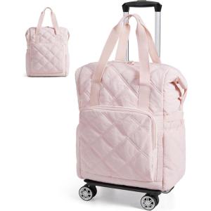 BAGSMART Rolling Duffle Bag with Wheels, 35L Carry on Travel Bag with Detachable Wheels, PVC Wet Pocket Duffel bag with Wheels, Black(Baby Pink)