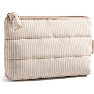 BAGSMART Small Cosmetic Bag, Elegant Roomy Makeup Bags,lipstick pouch,Zipper Pouch,Great Gifts for Women,Travel Waterproof Toiletry Bag Accessories Organizer Gifts (Pink-1 pcs)(Khaki Stripe)