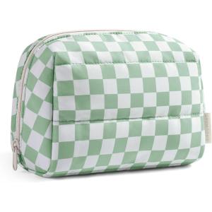 BAGSMART Small Makeup Bag, Travel Cosmetic Bag Make Up Pouch Small Travel Zipper Pouch,Water-resistant Toiletry Bag,Makeup Organizer Bag for Women, Black(Green checkered)