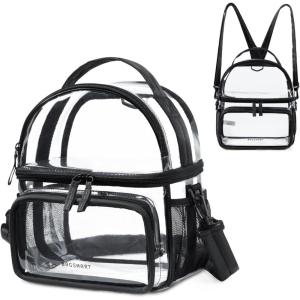 BAGSMART Stadium Approved Clear Bag 12″x6″x12″, Double Deck Lunch Box, Convertible to Backpack, Waterproof PVC, Pink(Black)