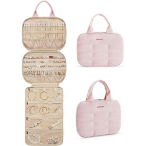 BAGSMART Travel Jewelry Case, Hanging Jewelry Organizer with Zipper Pockets, Large Capacity Puffy Jewelry Roll for Earrings, Necklaces, Rings on Closet, Wall, Door, Portable Travel Essentials, Pink(Pink)