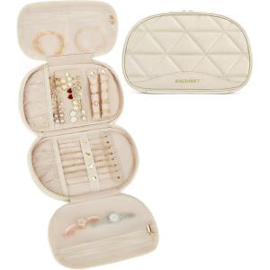 BAGSMART Travel Jewelry Case Jewelry Organizer Storage Roll Rings Necklaces Earrings Bracelets Brooches Watch Large Portable Light Pink(A-Beige)