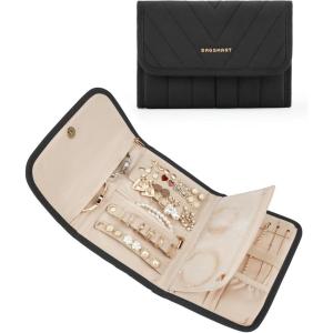 BAGSMART Travel Jewelry Organizer Case, Foldable Jewelry Roll for Necklaces, Earrings, Journey-Rings, Bracelets, Brooches, Portable, Pink(A-Black)