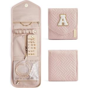 BAGSMART Travel Jewelry Organizer Case Foldable Small Jewelry Roll for Journey Rings, Necklaces, Earrings, Bracelets,Mini,Soft Pink(PInk-A)
