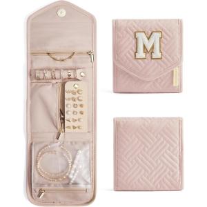 BAGSMART Travel Jewelry Organizer Case Foldable Small Jewelry Roll for Journey Rings, Necklaces, Earrings, Bracelets,Mini,Soft Pink(Pink-M)