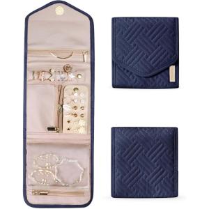 BAGSMART Travel Jewelry Organizer Case Foldable Small Jewelry Roll for Journey Rings, Necklaces, Earrings, Bracelets,Mini,Soft Pink(Smokey Blue)