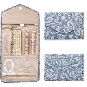 BAGSMART Travel Jewelry Organizer Case Foldable Small Jewelry Roll for Journey Rings, Necklaces, Earrings, Bracelets,Mini,Soft Pink(White Leaf)