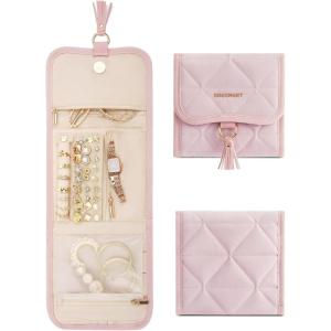 BAGSMART Travel Jewelry Organizer for Women, Foldable Jewelry Storage Roll for Earrings, Necklaces, Bracelets, Earrings, Brooches, Fashion Black(Pink)