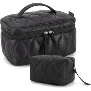 BAGSMART Travel Makeup Bag, 2-Piece Puffy Quilted Cute Make Up Bag Cosmetic Bags for Women, Large Wide-Open Toiletry Pouch Gifts for Toiletries Accessories Travelling Essentials, Pink(Black)
