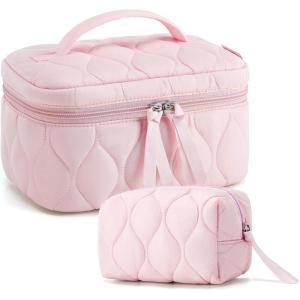BAGSMART Travel Makeup Bag, 2-Piece Puffy Quilted Cute Make Up Bag Cosmetic Bags for Women, Large Wide-Open Toiletry Pouch Gifts for Toiletries Accessories Travelling Essentials, Pink(Pink)