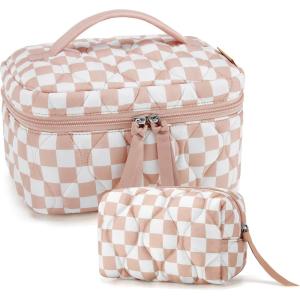 BAGSMART Travel Makeup Bag, 2-Piece Puffy Quilted Cute Make Up Bag Cosmetic Bags for Women, Large Wide-Open Toiletry Pouch Gifts for Toiletries Accessories Travelling Essentials, Pink(Checkered Khaki)