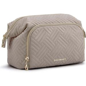 BAGSMART Travel Makeup Bag, Cosmetic Bag Make Up Organizer Case,Large Wide-open Pouch for Women Purse for Toiletries Accessories Brushes(B-1 Layer- Tranquil Gray)