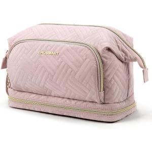 BAGSMART Travel Makeup Bag, Cosmetic Bag Make Up Organizer Case,Large Wide-open Pouch for Women Purse for Toiletries Accessories Brushes(M-2 Layers- Pink)