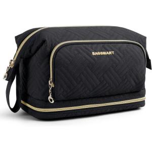 BAGSMART Travel Makeup Bag, Cosmetic Bag Make Up Organizer Case,Large Wide-open Pouch for Women Purse for Toiletries Accessories Brushes(N-2 Layers- Black)