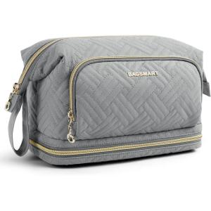 BAGSMART Travel Makeup Bag, Cosmetic Bag Make Up Organizer Case,Large Wide-open Pouch for Women Purse for Toiletries Accessories Brushes(P-2 Layers- Grey)
