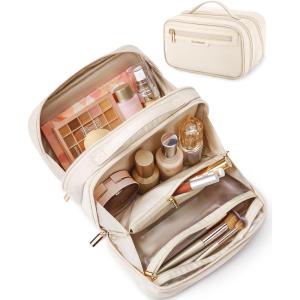 BAGSMART Travel Makeup Bag, Make Up Bag with Multiple Compartments for Organizer, Durable & Compact Cosmetic Organizer for Women for Travel Accessories (Beige)(Beige)