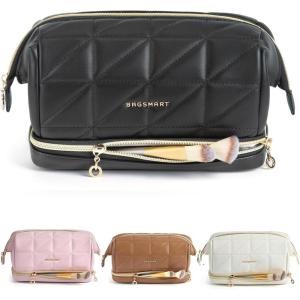 BAGSMART Travel Makeup Bag, PU Leather Waterproof Cosmetic Bags Makeup Bags for Women, Large Capacity Make up Bag, Wide-open Makeup Pouch for Travel Essentials, Bottles, Brushes (Black)
