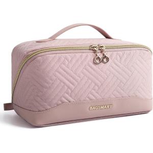 BAGSMART Travel Makeup Bag for Women, Portable Water-resistant Cosmetic Case, Puffy Padded Make Up Organizer Pouch, Open Flat Toiletry Bag for Toiletries, Brushes, Black(Pink)