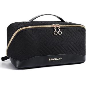 BAGSMART Travel Makeup Bag for Women, Portable Water-resistant Cosmetic Case, Puffy Padded Make Up Organizer Pouch, Open Flat Toiletry Bag for Toiletries, Brushes, Black(Black)