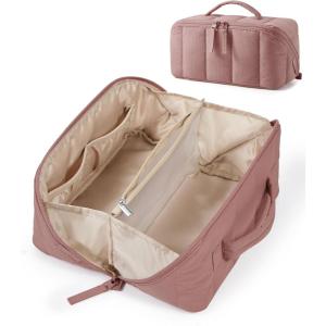 BAGSMART Travel Makeup Bag for Women, Portable Water-resistant Cosmetic Case, Puffy Padded Make Up Organizer Pouch, Open Flat Toiletry Bag for Toiletries, Brushes, Black(05-Dark Pink)