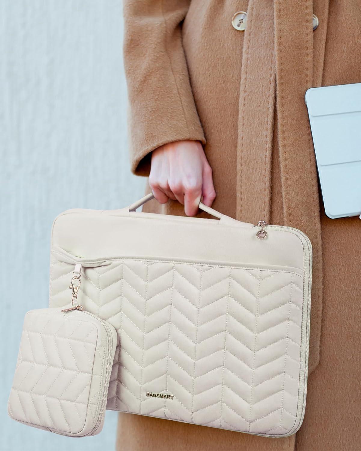 imageBAGSMART 1314 inch Laptop Sleeve with Handle Puffy Padded Case Accessories Bag MacBook Fitted Air Pro 133 14 inch Computer DellHPWith AccessoriesBeige