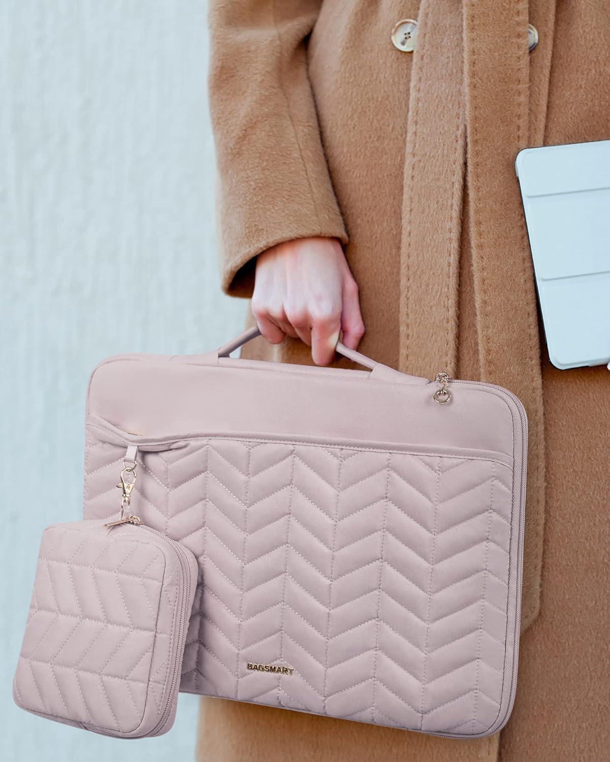 imageBAGSMART 1314 inch Laptop Sleeve with Handle Puffy Padded Case Accessories Bag MacBook Fitted Air Pro 133 14 inch Computer DellHPWith AccessoriesPink