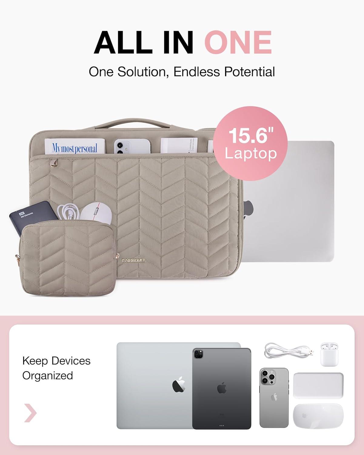 imageBAGSMART 1314 inch Laptop Sleeve with Handle Puffy Padded Case Accessories Bag MacBook Fitted Air Pro 133 14 inch Computer DellHPWith AccessoriesWarm Gray