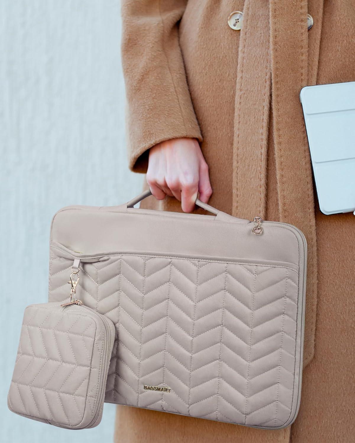 imageBAGSMART 1314 inch Laptop Sleeve with Handle Puffy Padded Case Accessories Bag MacBook Fitted Air Pro 133 14 inch Computer DellHPWith AccessoriesWarm Gray