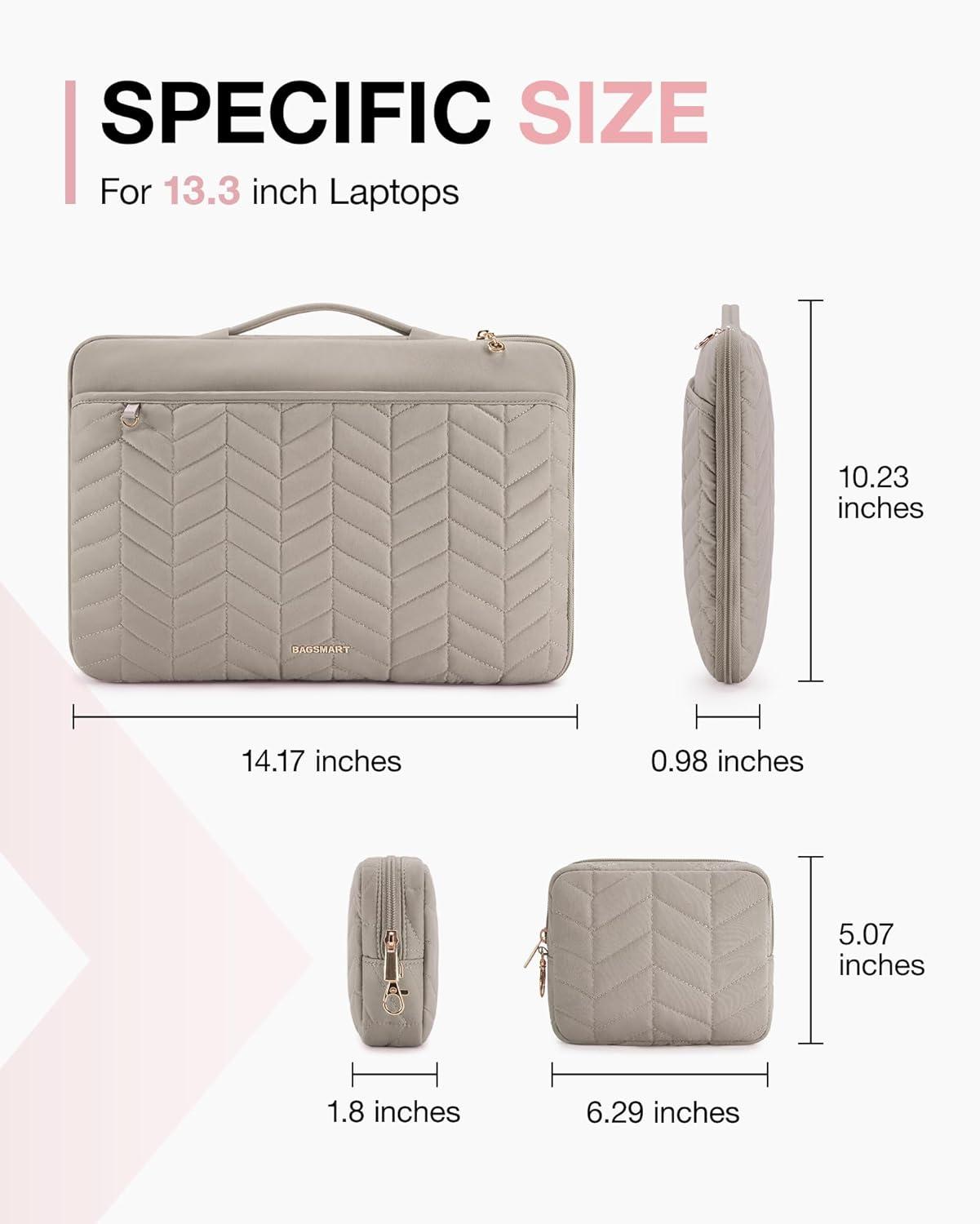 imageBAGSMART 1314 inch Laptop Sleeve with Handle Puffy Padded Case Accessories Bag MacBook Fitted Air Pro 133 14 inch Computer DellHPWith AccessoriesWarm Gray