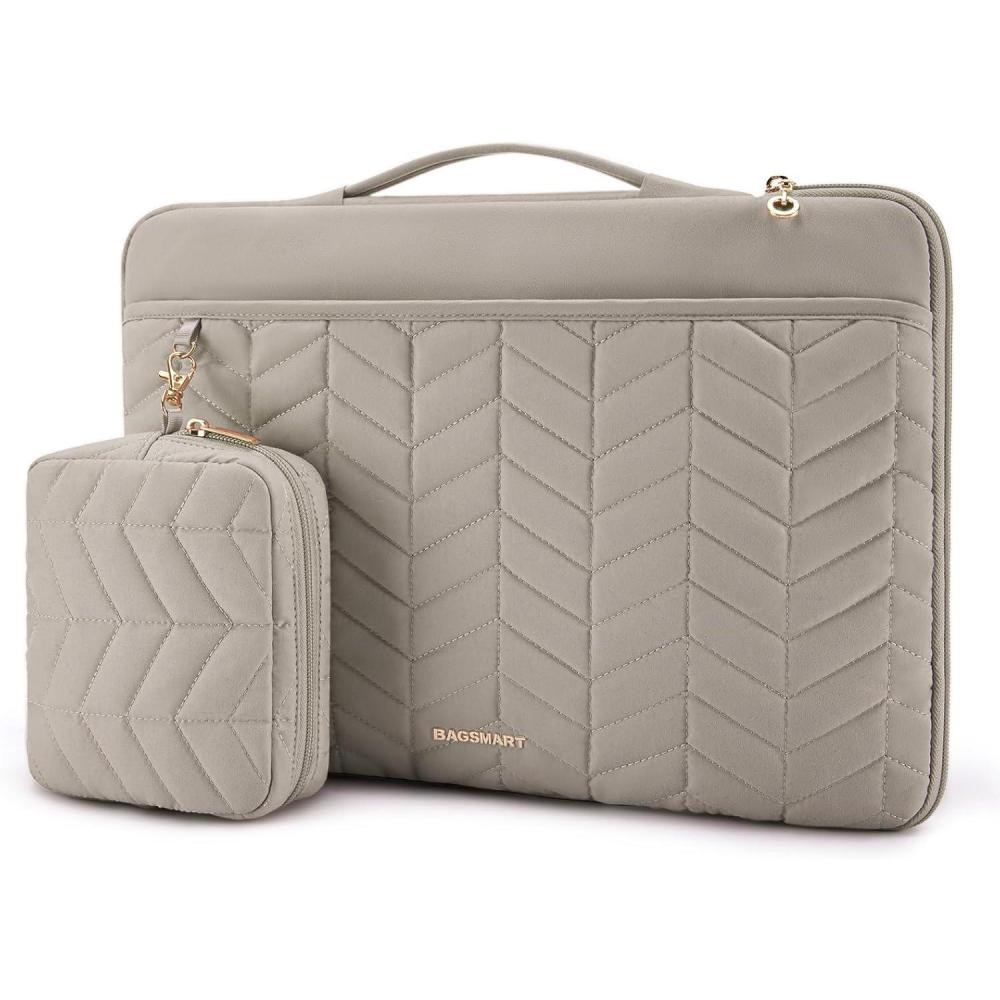 imageBAGSMART 1314 inch Laptop Sleeve with Handle Puffy Padded Case Accessories Bag MacBook Fitted Air Pro 133 14 inch Computer DellHPWith AccessoriesWarm Gray