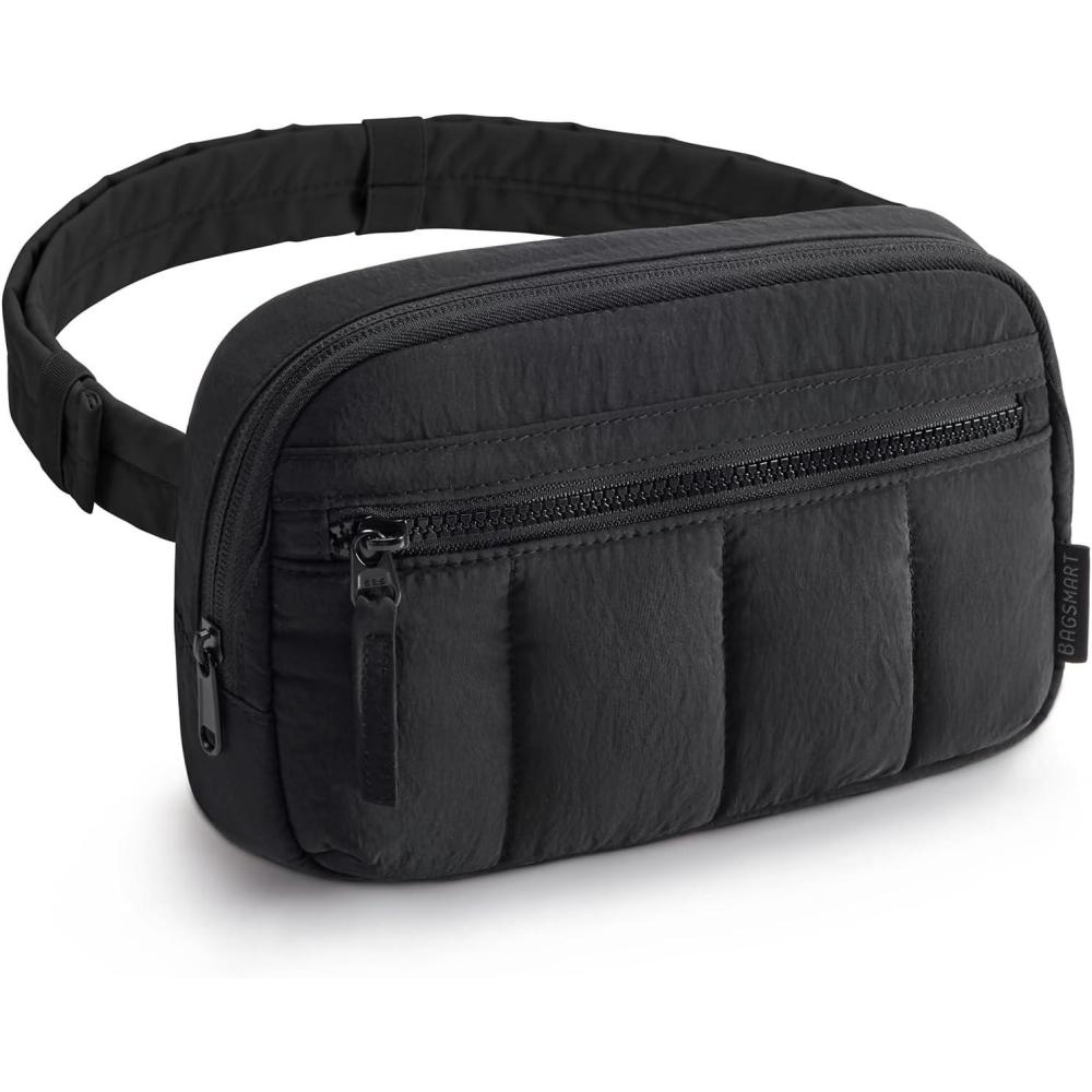 imageBAGSMART Fanny Packs for Women Cross Body Quilted Puffy Belt Bag with Pockets Fashion Waist Packs for Traveling Hiking BlackBlack
