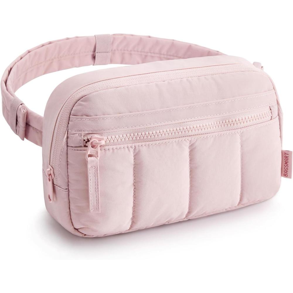 imageBAGSMART Fanny Packs for Women Cross Body Quilted Puffy Belt Bag with Pockets Fashion Waist Packs for Traveling Hiking BlackPink