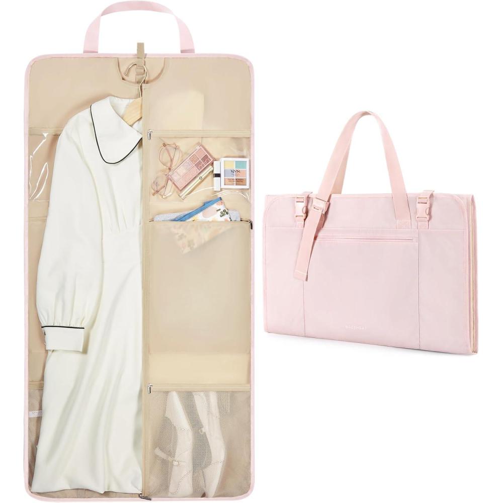 imageBAGSMART Garment Bags for Travel Foldable Carry on Suit Carrier for Hanging Clothes Stylish Dress Carrier Large Convertible Weekender Garment Bags for Women MenSleek Light Pink