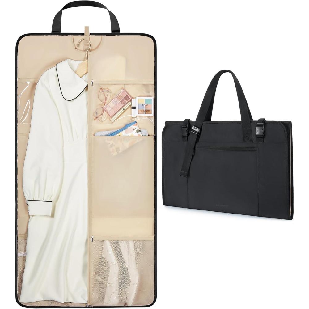 imageBAGSMART Garment Bags for Travel Foldable Carry on Suit Carrier for Hanging Clothes Stylish Dress Carrier Large Convertible Weekender Garment Bags for Women MenSleek Black