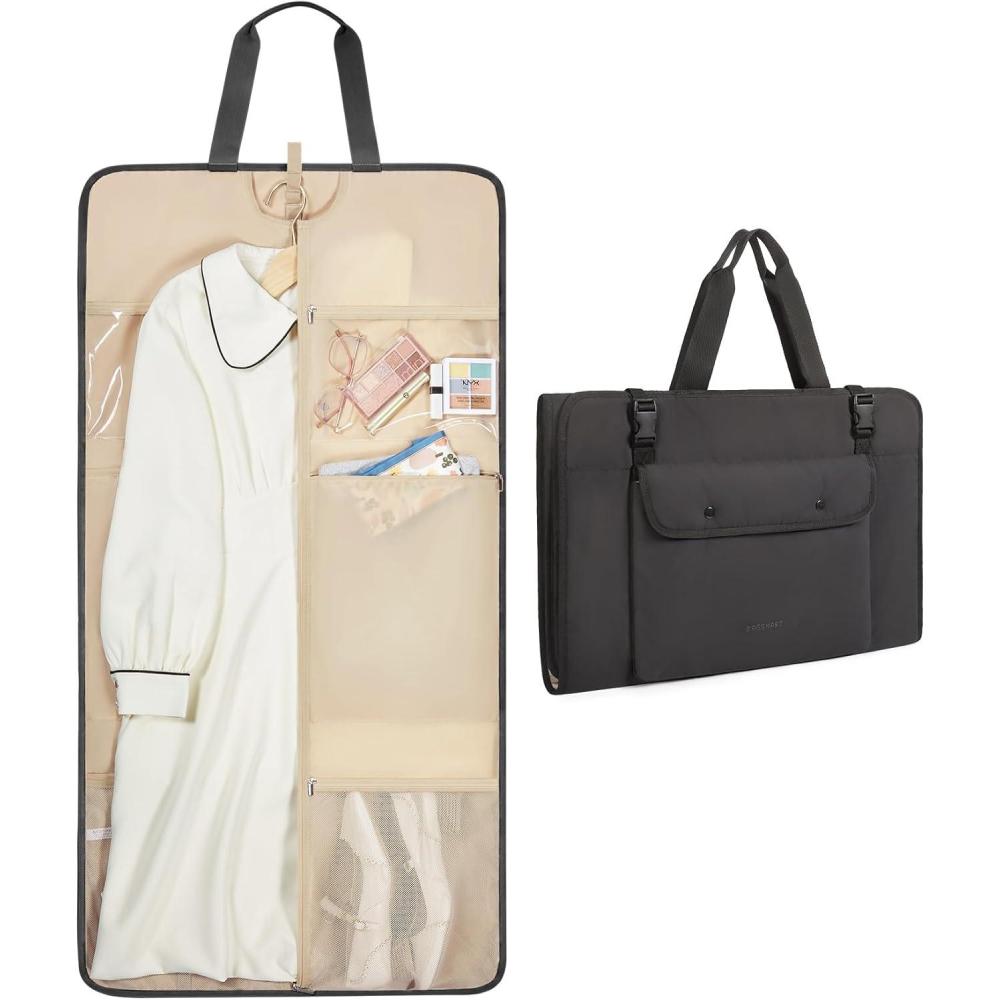 imageBAGSMART Garment Bags for Travel Foldable Carry on Suit Carrier for Hanging Clothes Stylish Dress Carrier Large Convertible Weekender Garment Bags for Women MenPuffy Black