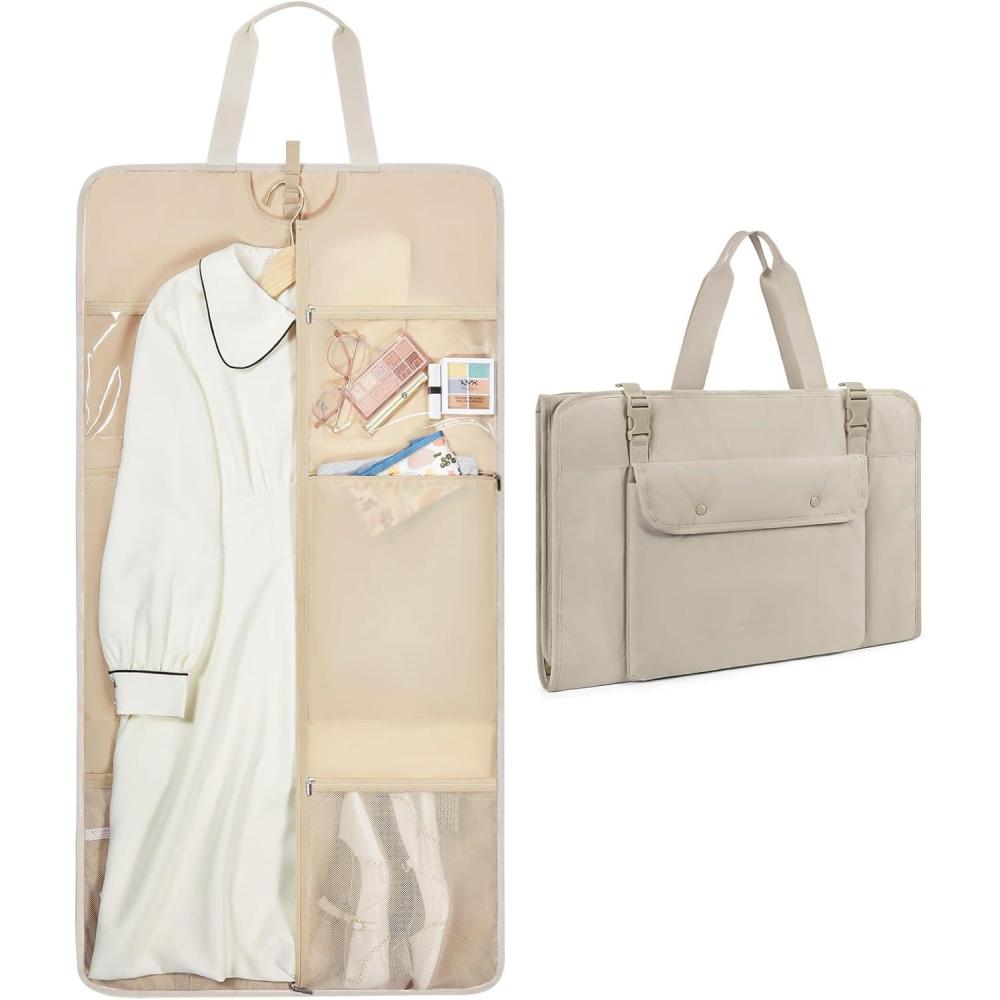 imageBAGSMART Garment Bags for Travel Foldable Carry on Suit Carrier for Hanging Clothes Stylish Dress Carrier Large Convertible Weekender Garment Bags for Women MenPuffy Camel