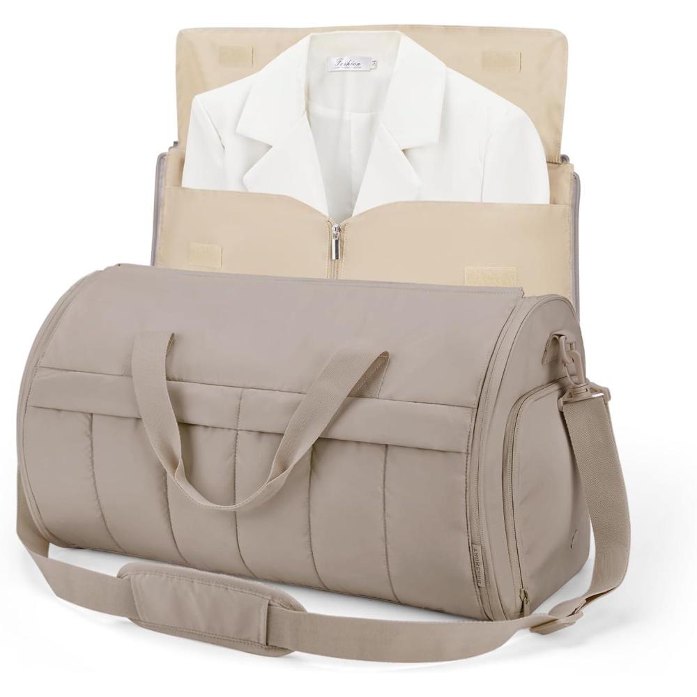 imageBAGSMART Garment Duffel Bag Convertible 2in1 Puffy WaterResistant CarryOn with Shoe Compartment Dark PinkBKhaki