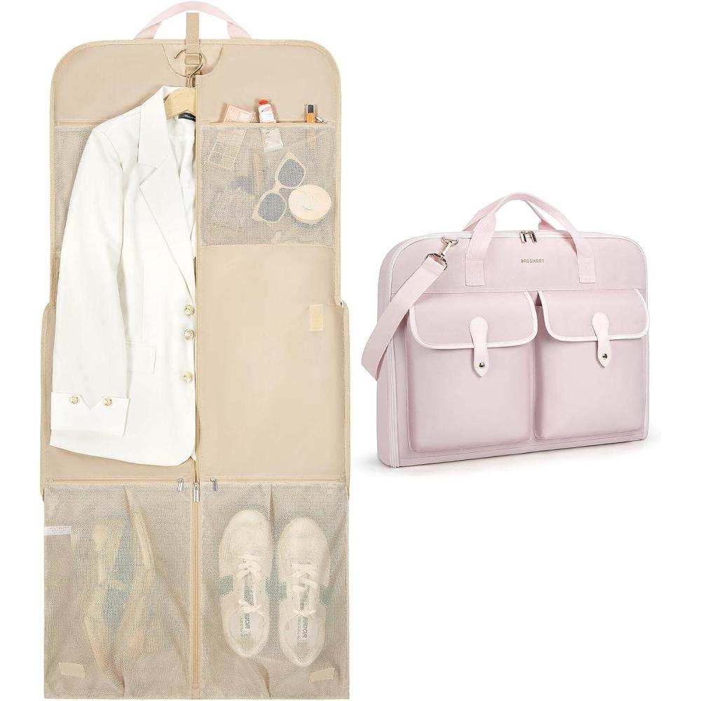 imageBAGSMART Large Garment Bags for Travel Carry on Garment Bags for Hanging Clothes Travel Suit Bag for Shirts Dresses Coats Beige2Pink
