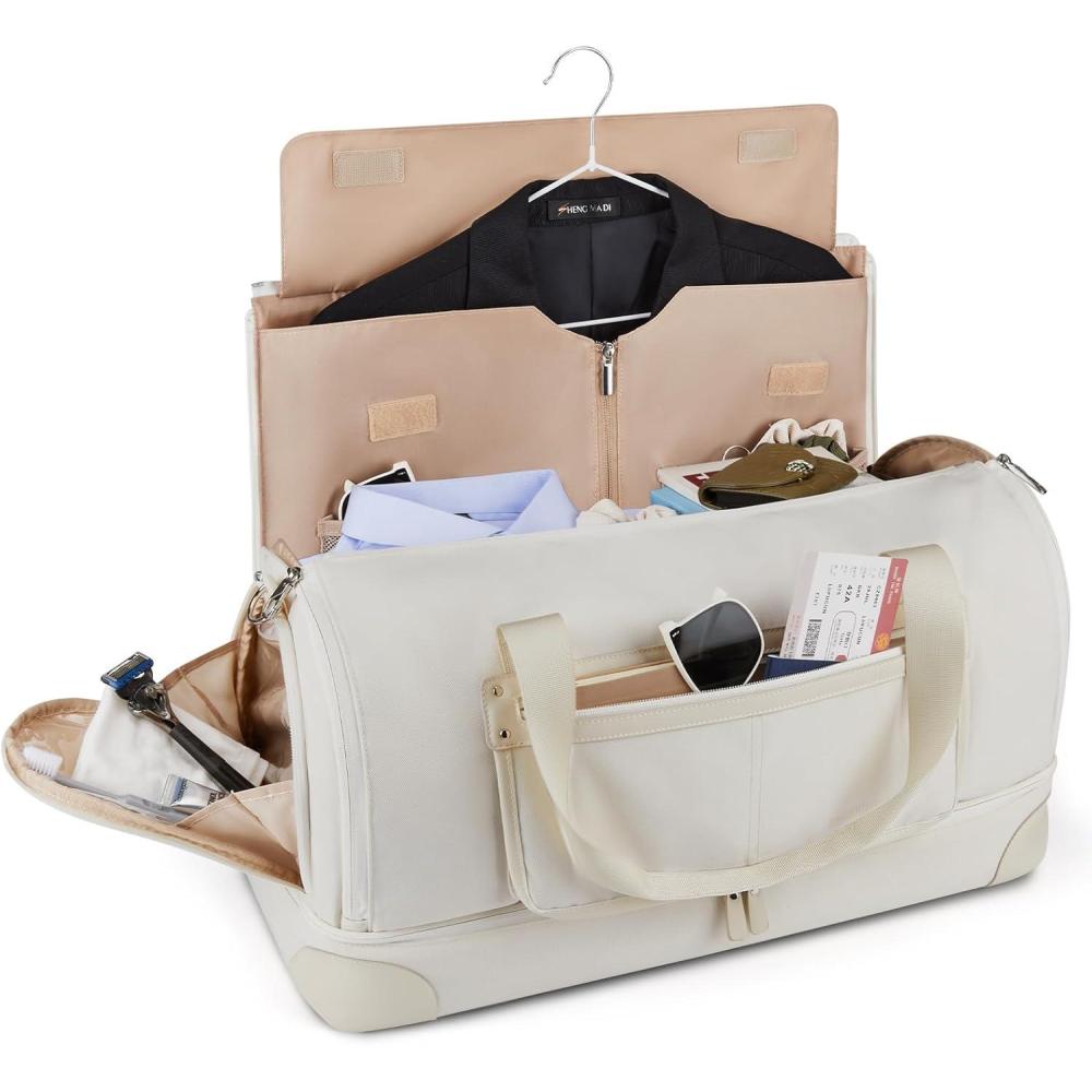 imageBAGSMART Medium Garment Bags for Travel Convertible Travel Garment Duffle Bag Suit Bags for Women 2 in 1 Garment Bags with Shoe CompartmentBeige