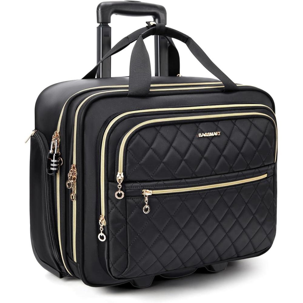 imageBAGSMART Womens Rolling Laptop Bag for 156 Inch Laptop Underseat CarryOn Luggage with TSA Lock Wheeled Computer Briefcase for Travel Work Business BlackBlack