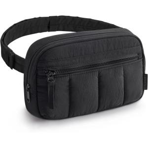 BAGSMART Fanny Packs for Women Cross Body, Quilted Puffy Belt Bag with Pockets, Fashion Waist Packs for Traveling Hiking Black(Black)